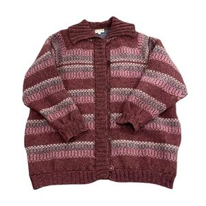 Vintage Striped Oversized Pink & Grey Knit Cardigan Sweater / Jacket – XL